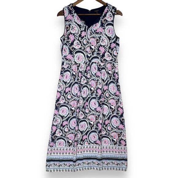 Talbots Petites Dress Blue Pink Periwinkle Paisley Border Hem Maxi Split Neck 8P - Picture 1 of 14